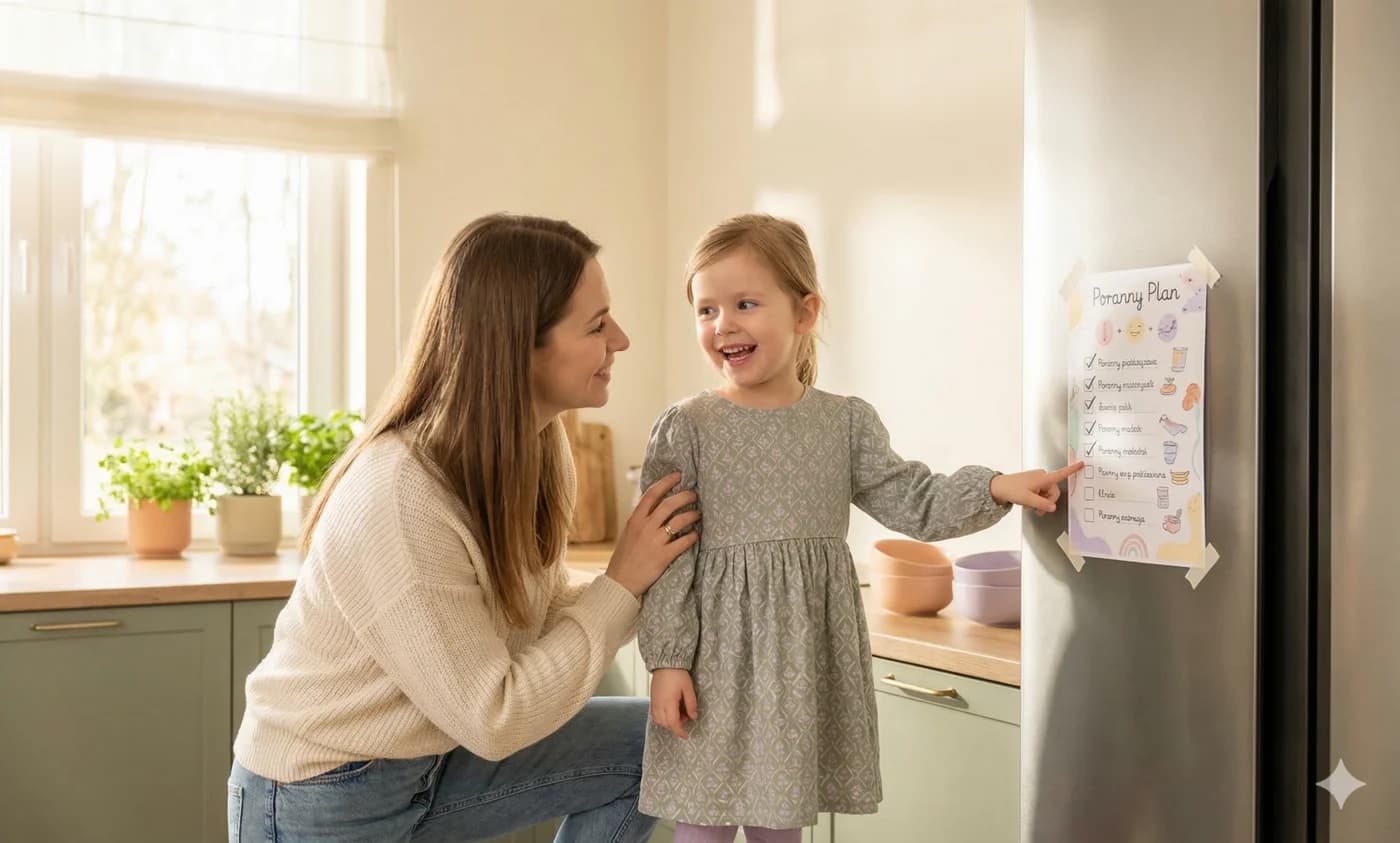 Mama i córka przy lodówce z planem poranka